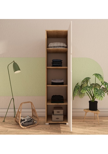 Flora 1 Kapaklı 5 Raflı Gardırop Safir Meşe - Beyaz Elbise Dolabı