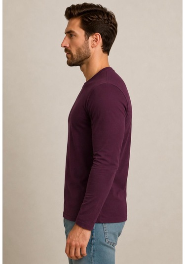 Axxel Erkek Mürdüm Pamuklu Likralı Süprem Uzun Kollu T-shirt-d240