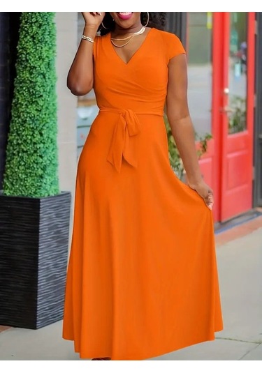 Kadın Kısa Kollu V Yakalı Belden Kuşaklı Maksi Boy Viskon Elbise Turuncu