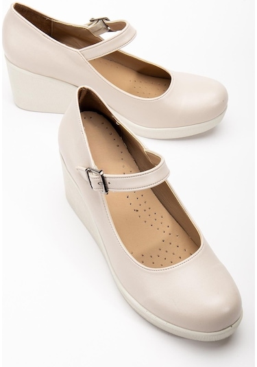 Baretli Suni Deri Bej Rugan Kadın Dolgu Taban Ayakkabı-3808 Bej