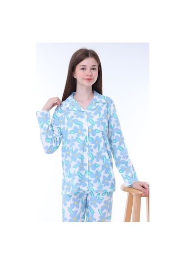 Zuzunga Mavi Papatya Desenli Düğmeli %100 Pamuk Kız Çocuk Pijama Takımı Mavi