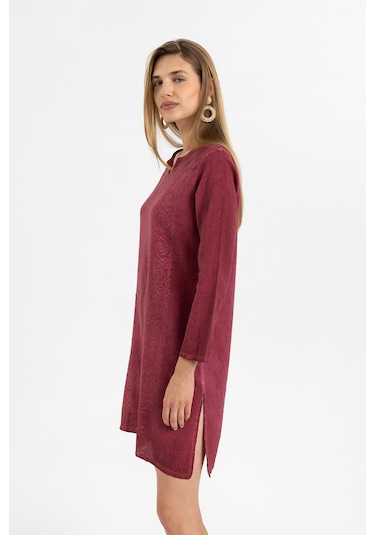 Bordo İşlemeli Uzun Kollu Astarsız Pamuklu Kısa Elbise-bordo