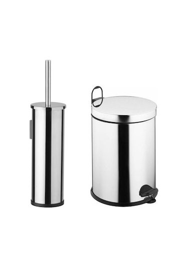 5 Litre Paslanmaz 2'li Banyo Seti Pedallı Çöp Kovası Wc Klozet Tu Gri