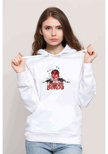 David Bowie Baskılı Beyaz Kadın Kapşonlu Sweatshirt