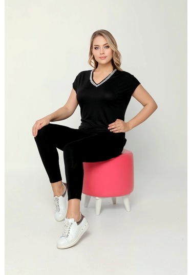 Yakası Taş Baskılı Bluz Siyah