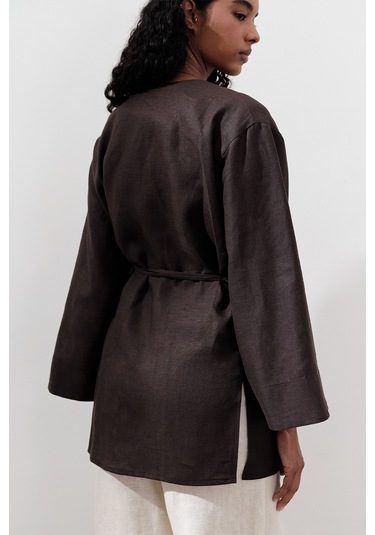 Keten Kruvaze Kapama Kimono Acı Kahve Acı Kahve