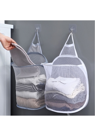 Mufunye Duvar Montajlı Katlanabilir Kumaş Çamaşır Sepeti - Gri Ağ Desenli Banyo Organizer 30x40x18 Cm - Ev İçin Konforlu Depolama Aracı Gri