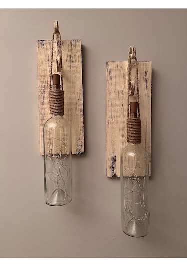 Tıpa Peri Led Işıklı Krem Kahve Cam Şarap Şişesi Duvar Aplik 2'li Çok Renkli