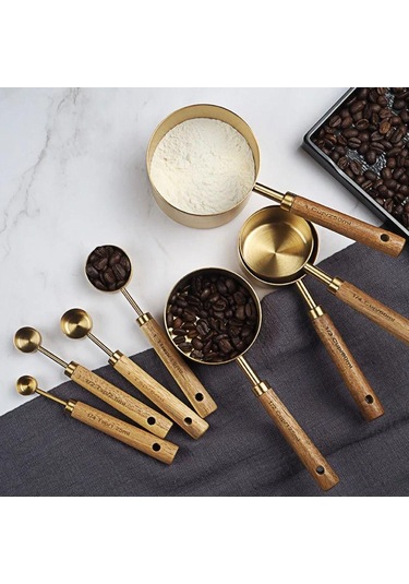 Ahşap Saplı Ölçü Kapları Kaşıkları Paslanmaz Çelik Kahve Ölçü Kaşığı Yeni Pişirme Aletleri Altın