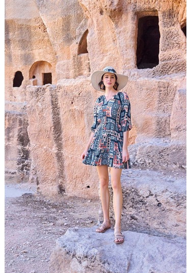 Monamise Kadın Etnik Desenli Truvakar Kollu V Yaka Elbise 23064