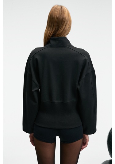 VIVETY Kadın Dik Yakalı Metal Fermuarlı Korse Görünümlü Bele Oturan Regular Siyah Ceket