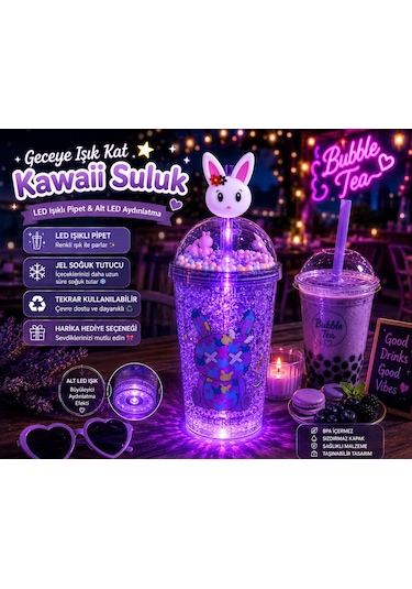 Çift Katmanlı İçecek Bardağı Led Işıklı Pipetli Kawaii Chibi Sevimli Tavşan Figürlü Suluk 450 Ml Mor