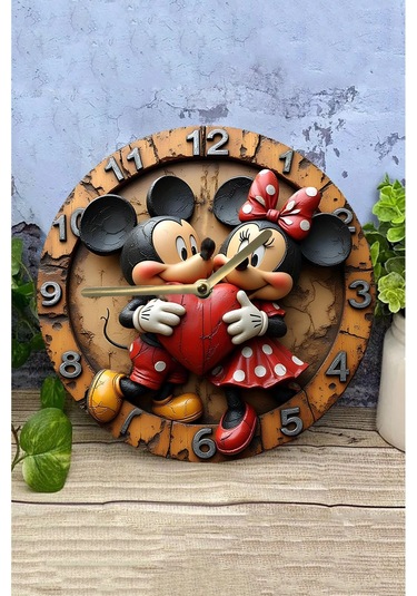 Mickey Ve Minnie Temalı Mdf Duvar Saati 33 Cm, 3d Görünümlü, 2d Hd Baskı Sdw232 Renkli