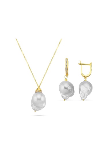 Barok İnci Kolye Küpe İkili Set 40 Cm / Sarı Gümüş