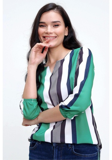 Kadın Yeşil & Lacivert Yakası Yırtmaçlı Krep Bluz Truvakar Kol Çizgili Ve Giy Çık - Tesettüre Uygun Siyah - Yeşil