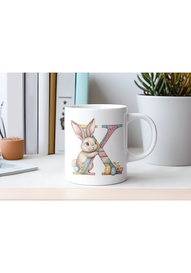 X Harfli Tavşan Kupa - Patchwork / Yamalı Desenli İsme Özel Kupa - Pastel Vintage Tarz Hediyelik 07 Beyaz