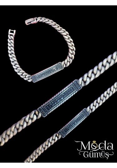 Modagümüşevi 925 Ayar Gümüş Siyah Zirkon Taşlı Gurmet Erkek Bileklik