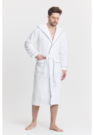 Mulberry Triga Erkek Bornoz %100 Pamuk Kapüşonlu Beyaz