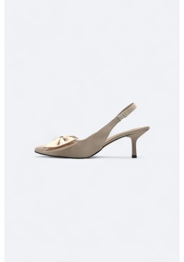 Elan Bej Arkası Açık Fiyonk Detaylı Kadın Stiletto Topuklu Ayakkabı Bej
