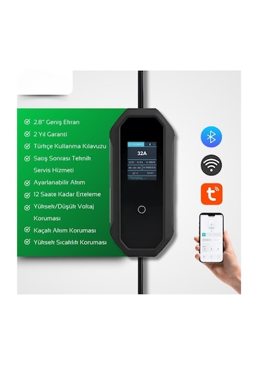 7 Kw 32A Tip-2 3X32A Fiş Monofaze Çantalı Dönüştürücü Kablolu Elektrikli Araba Taşınabilir Şarj Istasyonu 5 M Türkçe