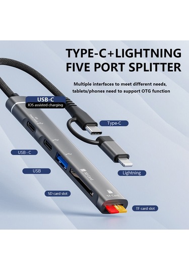Cbtx Svt02 İphone+c Tipi Hub Adaptörü Uyumlu 2 Tip-c Bağlantı Noktası+usb+2 Kart Okuyucu Yuvası - Gri