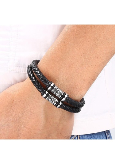 Punk Erkekler Viking Tarzı Deri Bileklik Örgülü Çok Katmanlı Paslanmaz Çelik İskandinav Rünleri Bilezikler Çift Takı Hediye Siyah