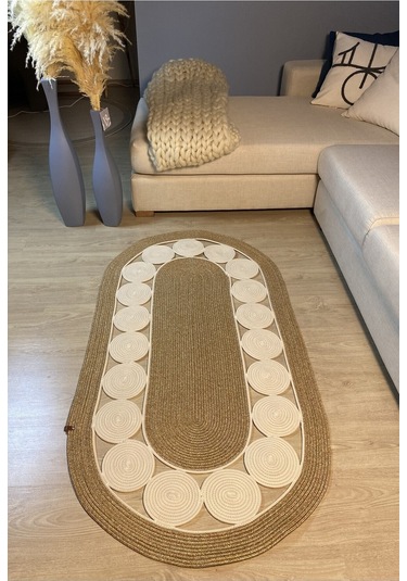 Cookie Jüt Hasırlı El Örgüsü Kilim Krem - Bej