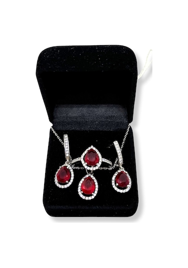 Oya Silver Bordo Yakut Taşlı Gümüş Set & Takım