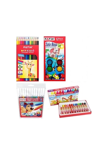 Fatih Kırtasiye 12'li Kuruboya + suluboya + pastelboya + keçeli Kalem