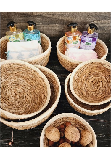 Nergis Hasır 7 Li Sepet Saklama Kutusu Sepet Takımı Krem