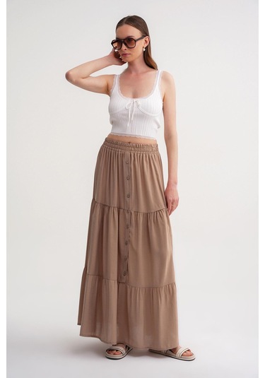4662 Kadın Düğme Detaylı Büzgülü Modal Etek Toprak Toprak