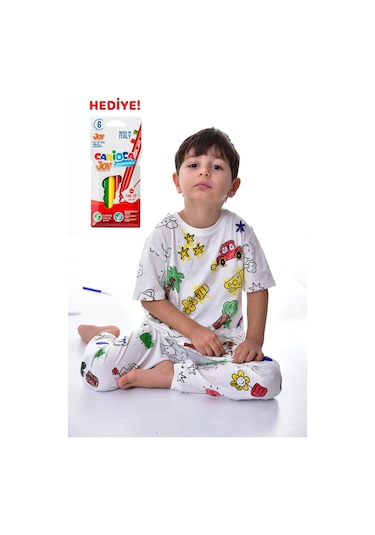 Zuzunga En Sevimli Figürleri Özel Kalemi İle Boyanabilir Yıkama Sonrası Leke Bırakmaz Çocuk Pijama Takımı - Beyaz