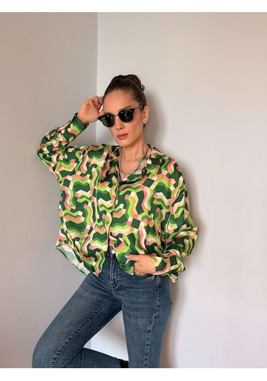 Ali Butik Retro Yeşil Desenli Saten Gömlek Yeşil