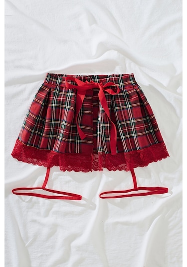 Merry See Pileli Dantelli Ekose Etek Jartiyer Detaylı Çok Renkli