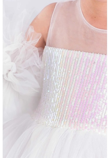 Kız Çocuk Abiye Elbise Ponpon Kol Pul Payetli Tütülü Beyaz