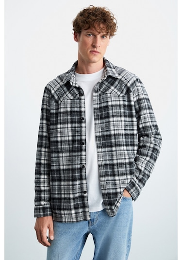 Allenı  Erkek Pamuk Gömlek Yaka Relaxed Oduncu Siyah Gömlek