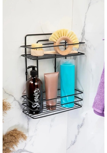 Banyo Rafı 2 Katlı Siyah Şampuanlık Hem Vidalı Hem Yapışkan Stickerlı Çok Renkli