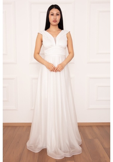 Kalopya Simli Tül Uzun Abiye Elbise 13280 Ekru