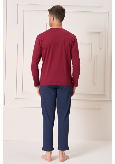Erkek Pamuk Uzun Kol Pijama Takımı 4104 Bordo Bordo