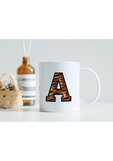 A Harfi Kaplan Figürlü Nakış Desenli Kupa Bardak - Kişiye Özel Vahşi Hayvan Desenli Kupa - Hediye Beyaz