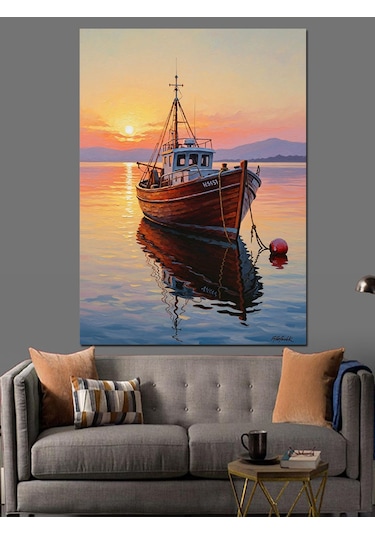 Ahşap Tablo Denizde Süzülen Küçük Balıkçı Teknesi
