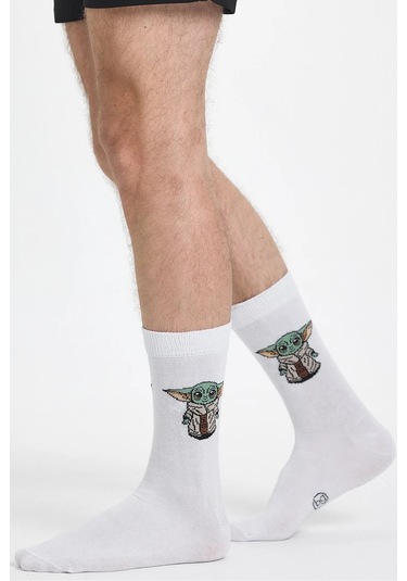 Erkek Pamuklu Özel Desenli Dikişsiz Yumuşak Dokulu Terletmez Rahat Esnek Soket Çorap Beyaz-yoda