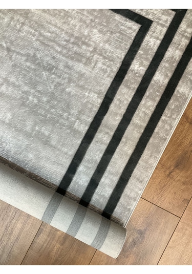 Saraz Halı Çerçeve Model Bambu Yıkanabilir Parlak Halı Gri Çizgi Gri-gri