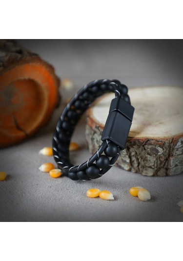 Moncuk Design Mat Oniks Taşı Örmeli Deri Bileklik 33512b2d8m7 Çok Renkli