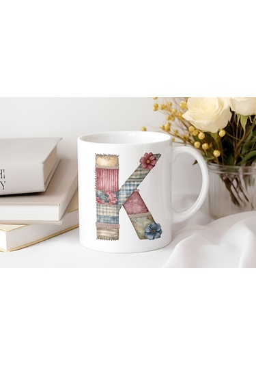 K Harfli Retro Çiçekli Kupa Bardak - Patchwork Tarz Yamalı Desenli İsme Özel Kupa - Hediye Beyaz