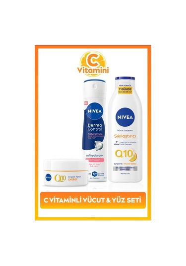 NIVEA Q10 Sıkılaştırıcı Losyon 400 ML + Derma Control Natural Tone Kadın Sprey Deodorant 150 ML + Gündüz Kremi