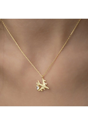 Gümüş Gold Tek Taşlı Uçak Kadın Kolye Sl2044 Gümüş