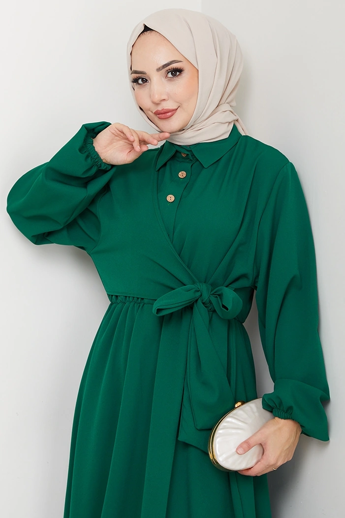 Çapraz Bağlamalı Gömlek Yaka Elbise 1636 - Zümrüt Yeşili Zümrüt Yeşili