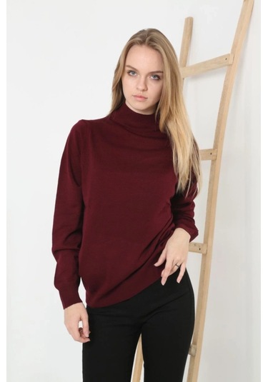 Yarım Boğaz Triko Kazak Yumuşak Dokulu Pamuklu Ince Dokuma, Uzun Kollu Rahat Regular Kalıp - Bordo Bordo