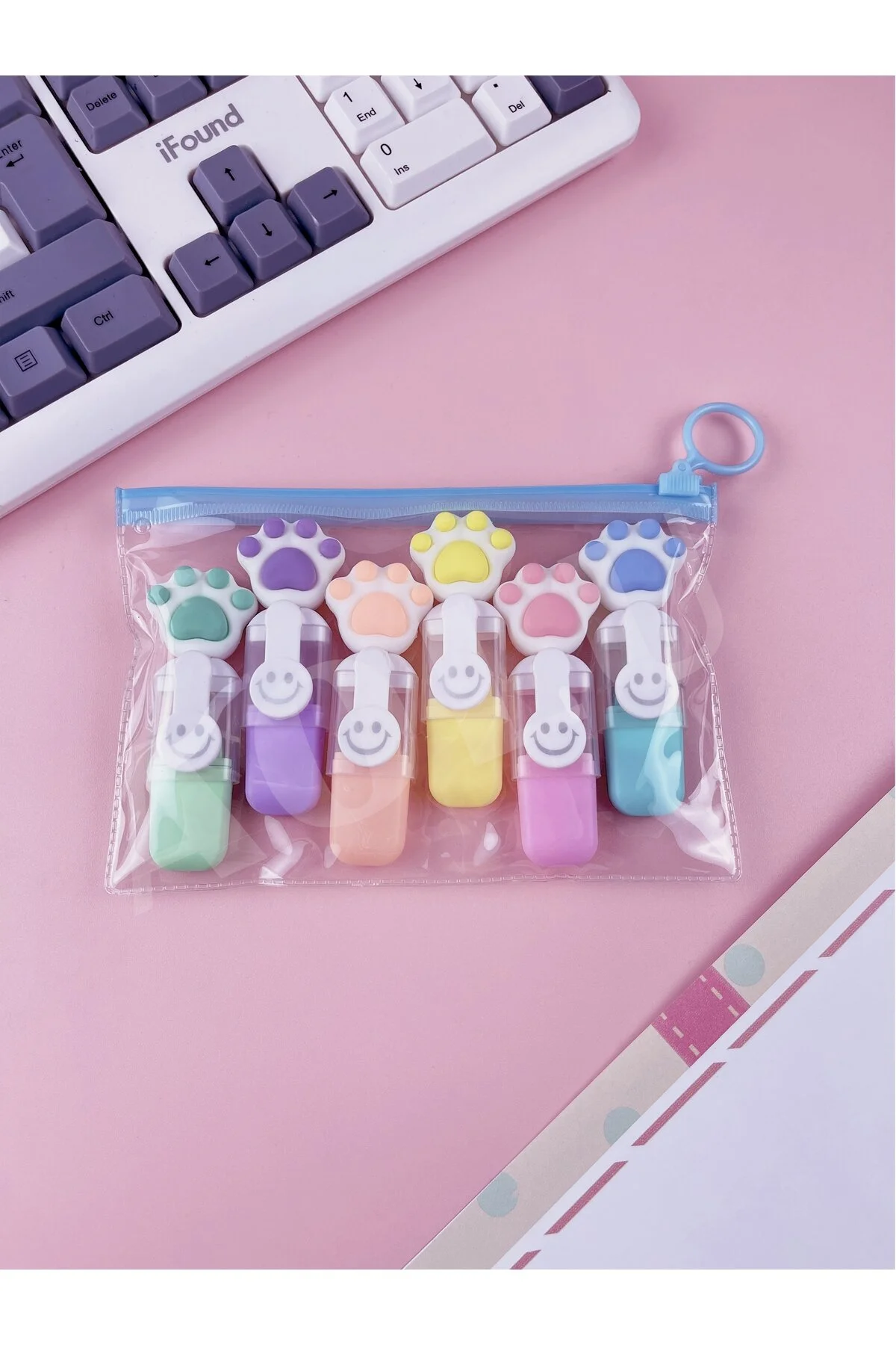 Sevimli Tatlım Mini Renkli, Kedi Tırnağı Modelli Göz Yormayan Fosforlu Kalem 6'lı Set Çok Renkli